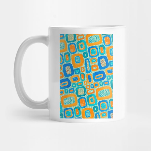 A vibrant pattern with blue and orange shapes reminiscent of retro designs by downundershooter